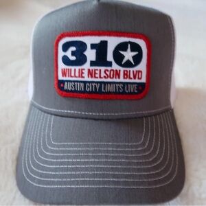 Gray and White Trucker Hat with Willie Nelson Patch